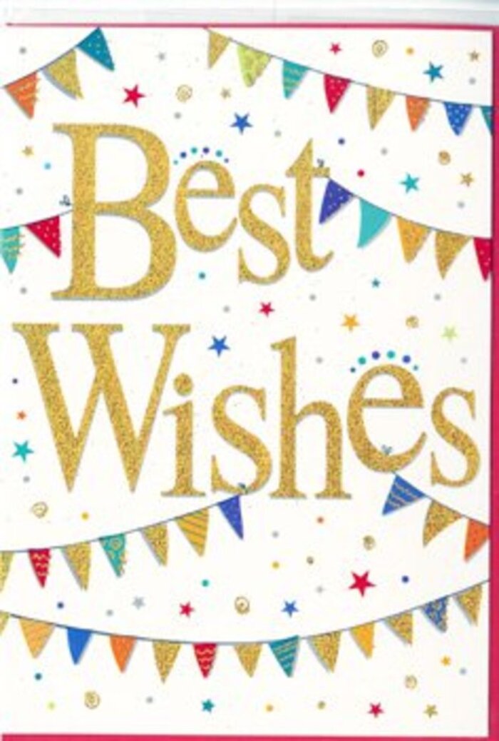 The card shown carries the spirit of a cheerful Canary Wharf celebration, distilled into a clean, modern design that still feels wonderfully heartfelt. In the centre, the phrase Best Wishes is written in generous, looping golden script, the letters slightly raised and glistening as though dusted with ultra-fine glitter. Against the smooth white background, this warm metallic glow stands out like late-afternoon sunlight reflecting off the glass facades near the docks. Arcing over and beneath the words, strings of bunting stretch from edge to edge, each tiny triangular flag painted in bright, confident colours-deep blues, lively reds, citrus yellows, and fresh greens. Many of the pennants carry their own personality: some are striped like cheerful deck chairs, others dotted as if sprinkled with tiny sweets, each adding to the sense of a friendly neighbourhood fête. Between these bunting garlands are scattered small stars and confetti dots, arranged as though caught mid-fall, giving the design an airy, celebratory motion. The overall mood is one of upbeat positivity and understated fun, equally suited to congratulating someone on a promotion in a nearby office tower or sending best wishes for a move into a new riverside flat. You can almost imagine this card nestled beside a bright bouquet on a desk overlooking the Thames, offering a daily reminder of encouragement and good luck. Its balance of clean white space, rich colour, and subtle sparkle makes it feel both contemporary and warmly personal.
