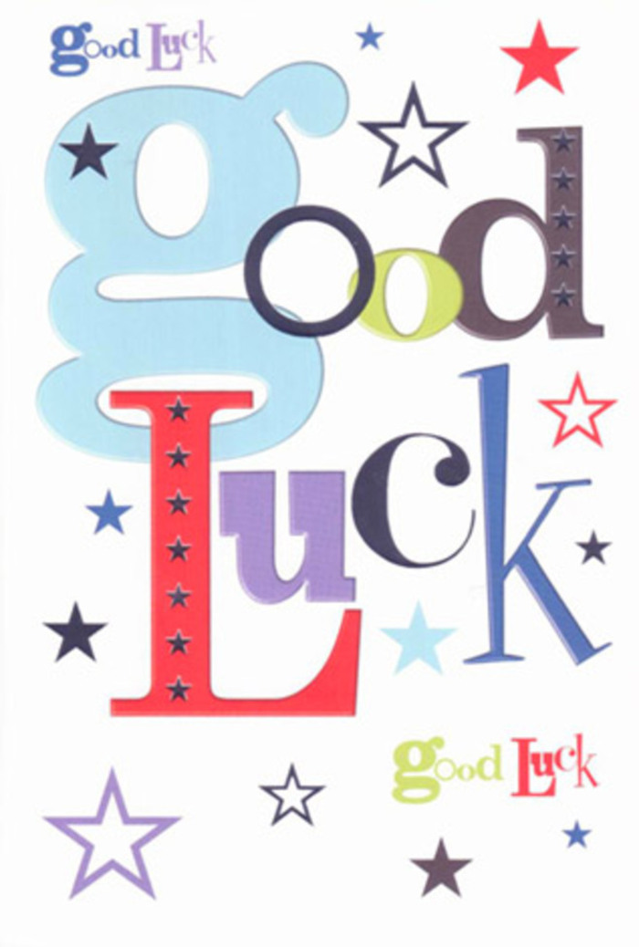 This image shows a vibrant, modern good luck card that feels as spirited as a celebration bouquet ready for delivery across Canary Wharf's sleek towers and riverside apartments. Centred prominently are the words Good Luck, arranged in a loose, playful composition that stretches horizontally, each letter with its own personality. One character is a wide, pastel blue curve that anchors the phrase with softness, while others stand tall in midnight black or pop in exuberant red, moss-toned green, and rich violet, giving the impression of a carefully curated palette rather than random colour. Around the text, dozens of stars are sprinkled like confetti-some bold and dark in inky navy or deep indigo, others soft in sky-blue, lilac, and pale lavender, and a few so faint they seem almost like whispers of light. They vary in scale and intensity, creating depth and the sense of an expanding sky, reminiscent of evening lights flickering on around the estate as commuters stream out of the Jubilee line. The crisp white background acts like generous negative space, allowing the colours and fonts to breathe, much like how a florist leaves air between stems to let each bloom shine. The card stock appears firm and smooth, suggesting the quiet pleasure of running your fingers across its surface before tucking it into an envelope with a bouquet bound for a promotion party near Cabot Square. The mood of the design is unapologetically upbeat-encouraging, hopeful, and a little bit whimsical-perfect for sending good wishes before exams, new jobs, house moves, or any fresh adventure that calls for a reassuring nudge of support.