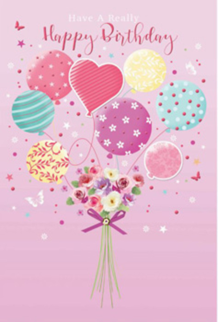 The image captures a gentle, uplifting birthday moment, as if a pocket of happiness had floated up from the streets around Jubilee Place to rest on a canvas of soft pink. At the centre, a bouquet of pastel balloons gathers in a loose cluster, each one slightly overlapping the next, creating a sense of depth and movement. Their colours range from tender rose and blush-pink to sea-glass green and hints of buttery yellow, all harmonising in a calm, cheerful palette. Decorative patterns bring each balloon to life: slender ribbon-like stripes twist around some, while others are speckled with tiny polka dots that seem to dance across the surface, and a few feature delicate, almost floral motifs. The balloons' glossy finish catches the light in small, bright reflections, suggesting they're gently bobbing in the air. From their bases, fine curling ribbons descend towards a compact hand-tied bouquet that anchors the composition. The flowers themselves feel like a small garden lifted from a Canary Wharf terrace: petite roses with softly shaded petals moving from cream to blush, daisy-like blooms with gently textured centres, and touches of pale mauve that echo the cooler tones above. A deep violet-purple bow, tied neatly around the stems, adds a final flourish, its satin texture rendered in subtle highlights and shadows. The entire scene glows with a warm, diffused radiance, evoking the soft light that filters between the glass towers at dusk. There is a sense of thoughtful craftsmanship and quiet joy, as though a local florist has designed this piece to accompany a birthday delivery to a friend working near One Canada Square, turning the gesture into a tender, memorable celebration.