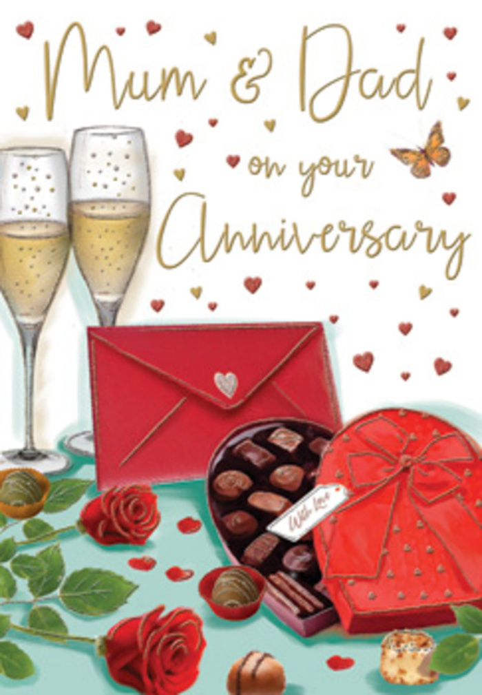 This romantic anniversary card illustration is composed like a lovingly styled table scene, the kind a devoted couple in Canary Wharf might set for a special evening at home. Dominating the foreground is a heart-shaped box of chocolates in a rich shade of red, its surface smooth and satiny, crowned by a generous bow whose ribbon tails curve gracefully across the table. The lid is partly open, revealing an inviting selection of chocolates, each piece carefully nestled as if waiting to be chosen and savoured together. Just behind, two tall champagne flutes stand side by side, their slim stems and gently flared rims catching soft, golden reflections. Inside, effervescent champagne glows warmly, tiny bubbles climbing in delicate streams that suggest laughter, toasts, and shared glances. To the left, a pair of velvety red roses rest against lush green foliage, their petals layered and plush, reminiscent of the premium blooms selected by Canary Wharf florists for anniversary deliveries across the estate and nearby riverside apartments. A few loose chocolates are scattered near the roses, adding a relaxed, indulgent charm. Floating above and around the main elements are small hearts in crimson and metallic gold, along with swirling details and hand-lettered text, including a loving Mum & Dad message that anchors the card firmly in family affection. A scarlet envelope lies nearby, neatly sealed and angled as if freshly placed on the table, hinting at a heartfelt, handwritten note inside. The overall colour palette of ruby reds, warm golds, and deep greens is gently lit, creating a cosy, celebratory atmosphere that radiates appreciation, togetherness, and the quiet luxury of marking another anniversary in London's Docklands.