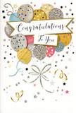 This congratulations card presents a joyful yet refined scene, like a pocket-sized celebration you might share after good news over coffee near Jubilee Place in Canary Wharf. The main focus is a lush cluster of balloons illustrated in a semi-realistic style, their rounded shapes layered to create depth, as if some are drifting closer while others recede into the background. The colours form a harmonious palette: warm gold, cool silver, champagne beige, light sky blue, soft pink, and gentle grey, each balloon distinguished by subtle patterns of tiny stars, stripes, or confetti-like dots. Many of these motifs glimmer with a metallic or glitter-effect finish, giving the impression that the balloons are catching gentle overhead light. Their trailing strings descend in elegant, curling lines of gold and silver, meeting in loose loops that resemble hand-tied ribbon on a celebratory bouquet. A graceful banner stretches across the centre, its edges slightly curled as though gently lifted by a breeze, bearing the phrase Congratulations To You in flowing script that suggests sincere, handwritten care. Surrounding the balloons and banner, the background remains a light, neutral tone dusted with scattered stars, swirling lines, and specks that mimic falling confetti at a small office party or family gathering. The composition is open and airy, with enough white space to keep the design feeling calm rather than crowded. Together, the colours, metallic details, and movement create an atmosphere of lightness and joy-perfect for honouring promotions, exam results, or personal milestones around Canary Wharf when you want your message to feel both celebratory and elegantly understated.
