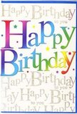This image shows a striking birthday card that feels perfectly at home in the stylish, bustling atmosphere of Canary Wharf. The central focus is the large, joyful phrase Happy Birthday, written in big, flowing letters that stretch across the front like a celebratory banner. Each letter is bathed in a rich ombré of colour, shifting from bold reds and rosy pinks through cool blues and greens into sunny yellow and soft orange. The blending is smooth and velvety, conjuring the look of carefully airbrushed party decorations or a rainbow of birthday macarons displayed in a café near Crossrail Place.
Set behind this vivid text is a creamy, light-toned background, over which a delicate golden script repeats Happy Birthday to you in a continuous, lyrical pattern. The metallic ink appears finely applied, catching and reflecting light in a gentle shimmer, rather like the glint of evening sun on the glass buildings around Cabot Square. The script winds gracefully between the spaces around the main lettering, providing a soft, elegant texture that enhances rather than distracts.
Here and there, tiny glints and speckles suggest confetti or miniature stars sprinkled across the card's surface, adding a sense of fun and motion. The entire design feels like a well-orchestrated celebration: bold at a glance, yet full of smaller details that reward a closer look. It's easy to imagine this card tucking neatly beside a bright bouquet delivered by a local florist to an office lobby or apartment in Canary Wharf, turning a simple birthday greeting into a moment that feels thoughtfully curated and genuinely special.
