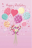 A whimsical birthday scene unfolds on a gentle blush-pink background, evoking the light, airy feeling of strolling along the Canary Wharf riverside on a bright spring day. In the upper portion of the artwork, a cluster of pastel balloons rises together as one floating bouquet, their rounded forms overlapping in a soft, cloud-like arrangement. Each balloon is dressed in its own playful pattern: some display candy-like stripes that wrap around their curves, others are sprinkled with tiny, dancing polka dots, and a few carry subtly swirling designs that suggest movement even in stillness. The colour palette stays tender and uplifting-powder pink, soft sea-green, and pale lemon-each balloon catching highlights that make the surfaces gleam and shimmer. From this joyful canopy, slender ribbons drift down and gather around a compact hand-tied bouquet at the base. Here, delicate roses and anemone-like blossoms nestle together in shades of creamy ivory, blush, and muted mauve, their petals layered, feathery, and gently opened as though freshly arranged that morning in a nearby Canary Wharf workshop. Small touches of greenery peek through, giving the bouquet a natural, garden-fresh feel, as if harvested from a hidden courtyard off Cabot Square. A rich violet satin bow cinches the stems tightly, its loops and tails shining softly, adding an elegant note to the playful design. The whole composition is bathed in a calm, flattering light that enhances every curve and petal, creating an atmosphere of sweetness, optimism, and celebration-perfect for a birthday greeting meant to feel personal and thoughtfully crafted by a florist who understands the rhythm and charm of local Canary Wharf life.