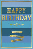 This birthday card presents a soothing, contemporary design that would feel perfectly at home on a Canary Wharf desk beside a fresh vase of flowers. The background is formed by a sequence of bold horizontal stripes, each stripe a different shade of blue that shifts gently from dark to light as your eye travels upward. At the base, the blues are deep and moody-navy and midnight-before gradually easing into mid-toned denim, then finally soft, airy sky blues near the top, creating a calm ombré effect. In the centre of this layered blue canvas, the words HAPPY BIRTHDAY appear in crisp, capital letters, embossed in luminous metallic gold. The letters are tall and evenly spaced, giving the design a confident, celebratory focus. Just beneath the main greeting is a fine golden flourish, an ornamental swirl that adds a touch of old-world charm and separates the headline from the message below. Under this flourish sit three horizontal gold banners, perfectly aligned and gently tapered at the ends. These banners carry the friendly instruction: Relax, have a great day and enjoy!-a sentiment that feels especially welcome in the midst of busy city life. A slender gold border runs right around the outer edge of the card, framing the blue stripes and giving the piece a polished, finished appearance. The card stock looks smooth and substantial, with the raised gold elements catching and reflecting ambient light much like the glass facades around Canary Wharf. The overall mood is one of quiet celebration, ideal for accompanying a birthday delivery to a local apartment, riverside residence, or modern office space.
